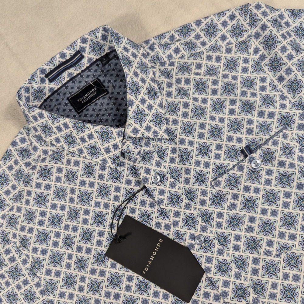 NEW 7 Diamonds Rivers of Babylon 4-Way Stretch Shirt Blue White Mens Small